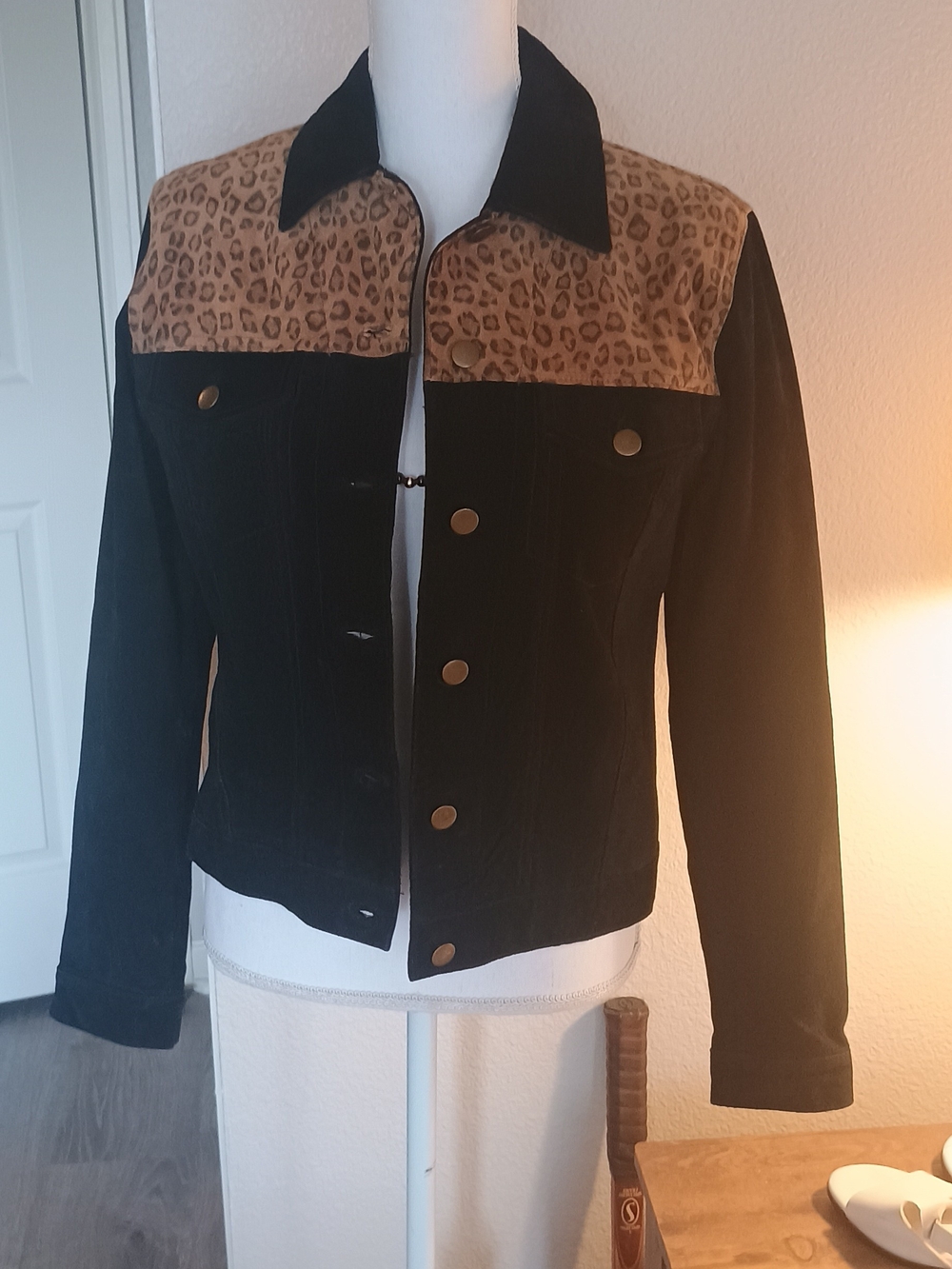 Women's Black Leather Jacket with Leopard Yoke
